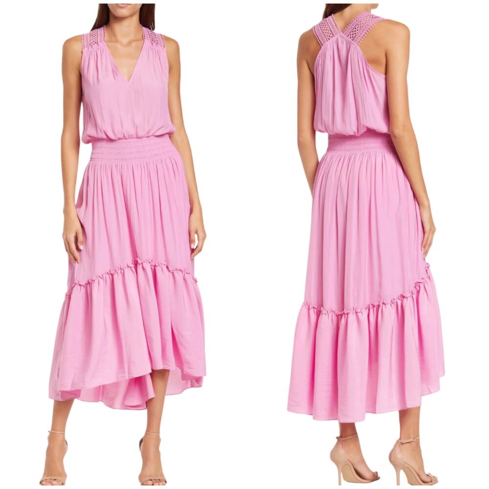 Ramy Brook NWT Samantha Dress Size XS Hi-Lo Asymmetrical Flounce Hem Smocked